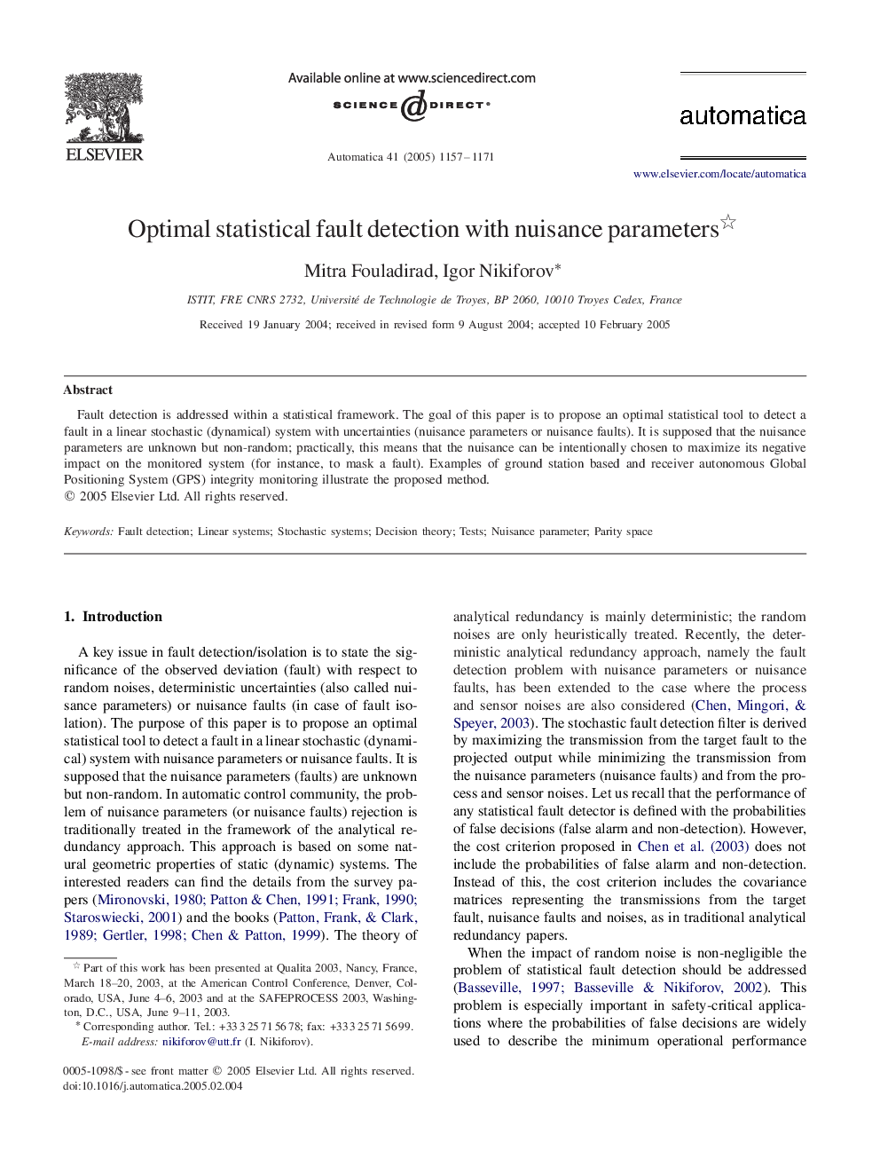 Optimal statistical fault detection with nuisance parameters