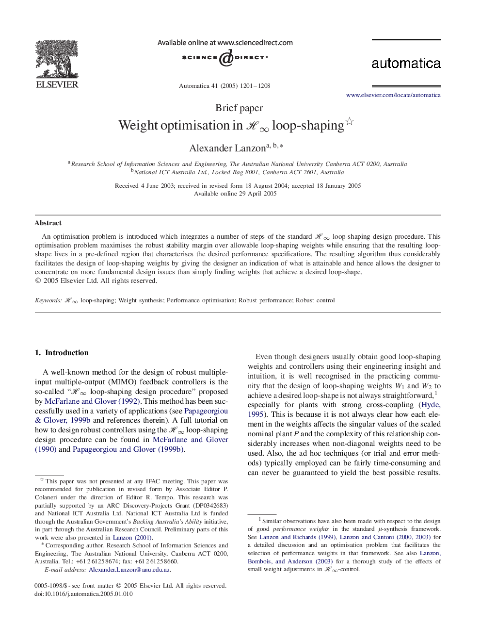 Weight optimisation in Hâ loop-shaping