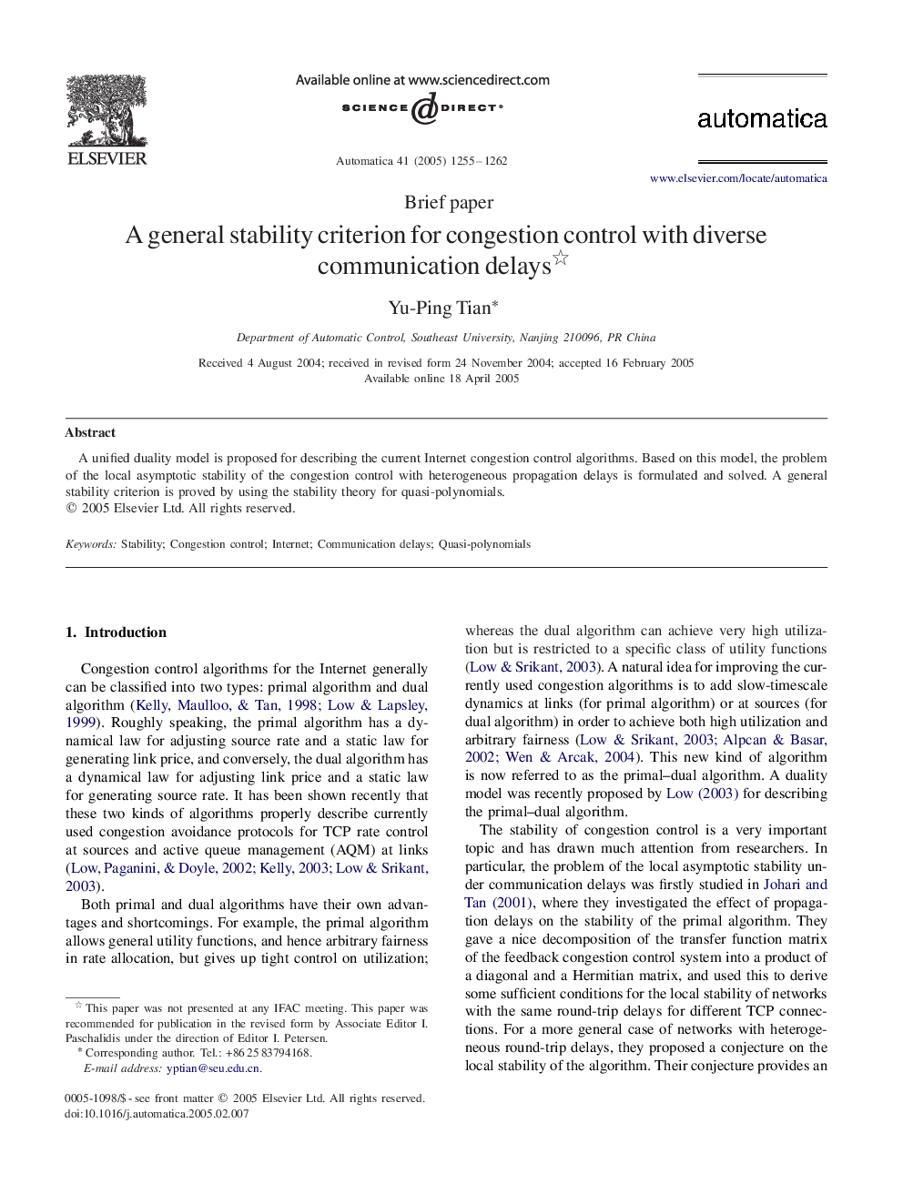 A general stability criterion for congestion control with diverse communication delays