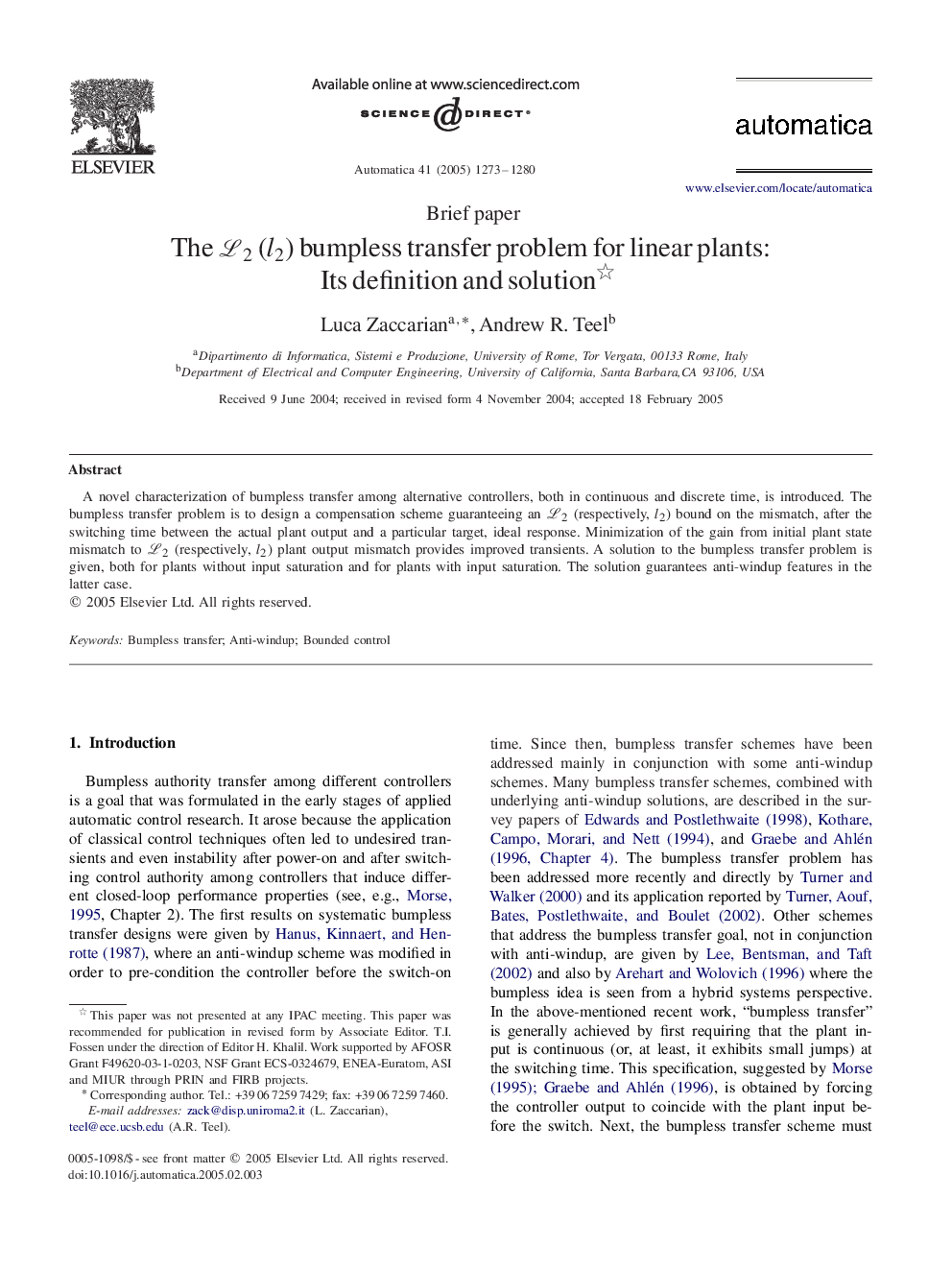 The L2 (l2) bumpless transfer problem for linear plants: Its definition and solution