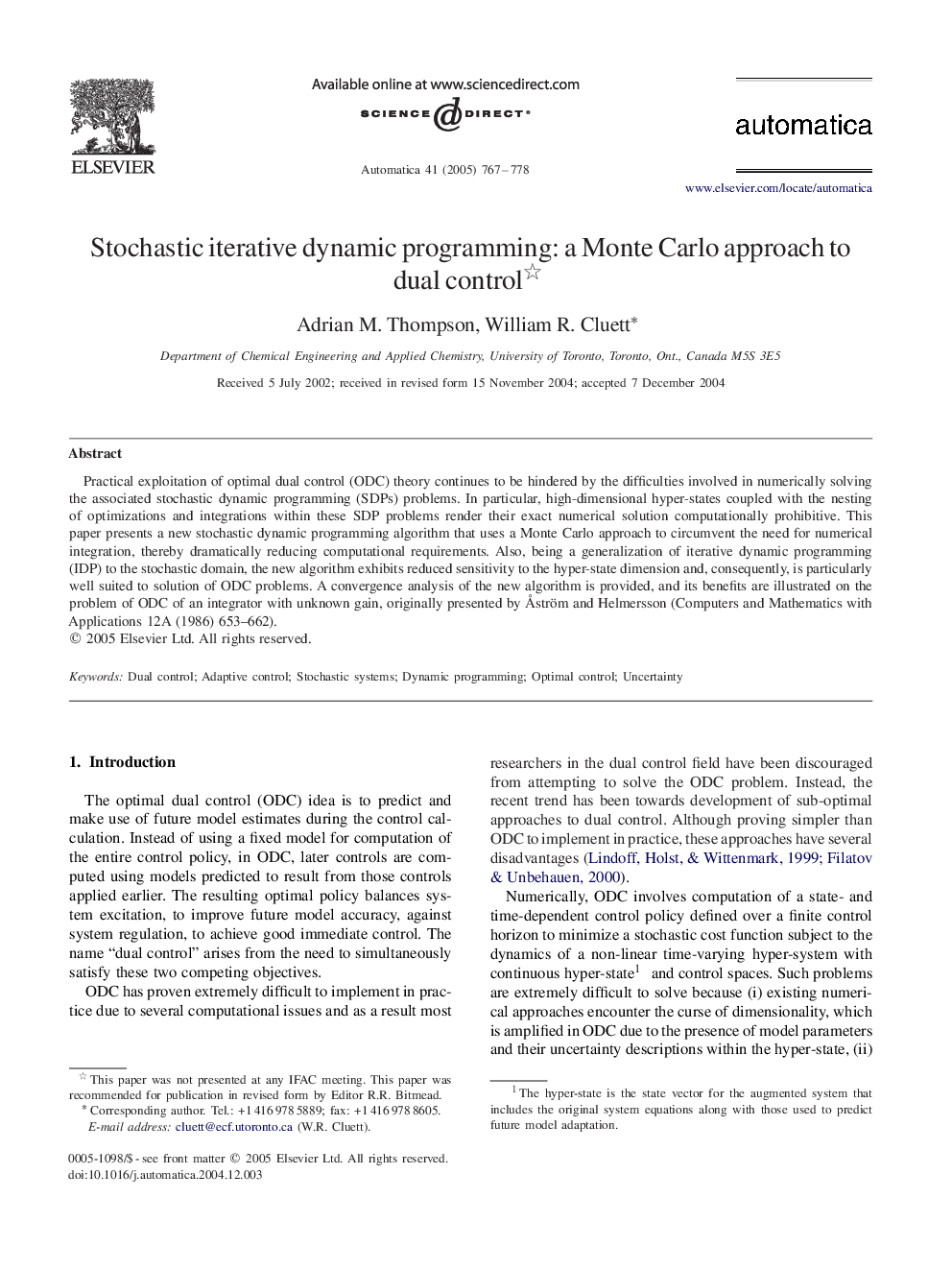 Stochastic iterative dynamic programming: a Monte Carlo approach to dual control