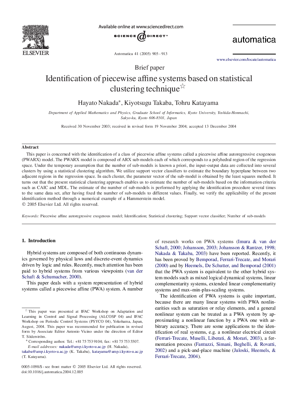 Identification of piecewise affine systems based on statistical clustering technique