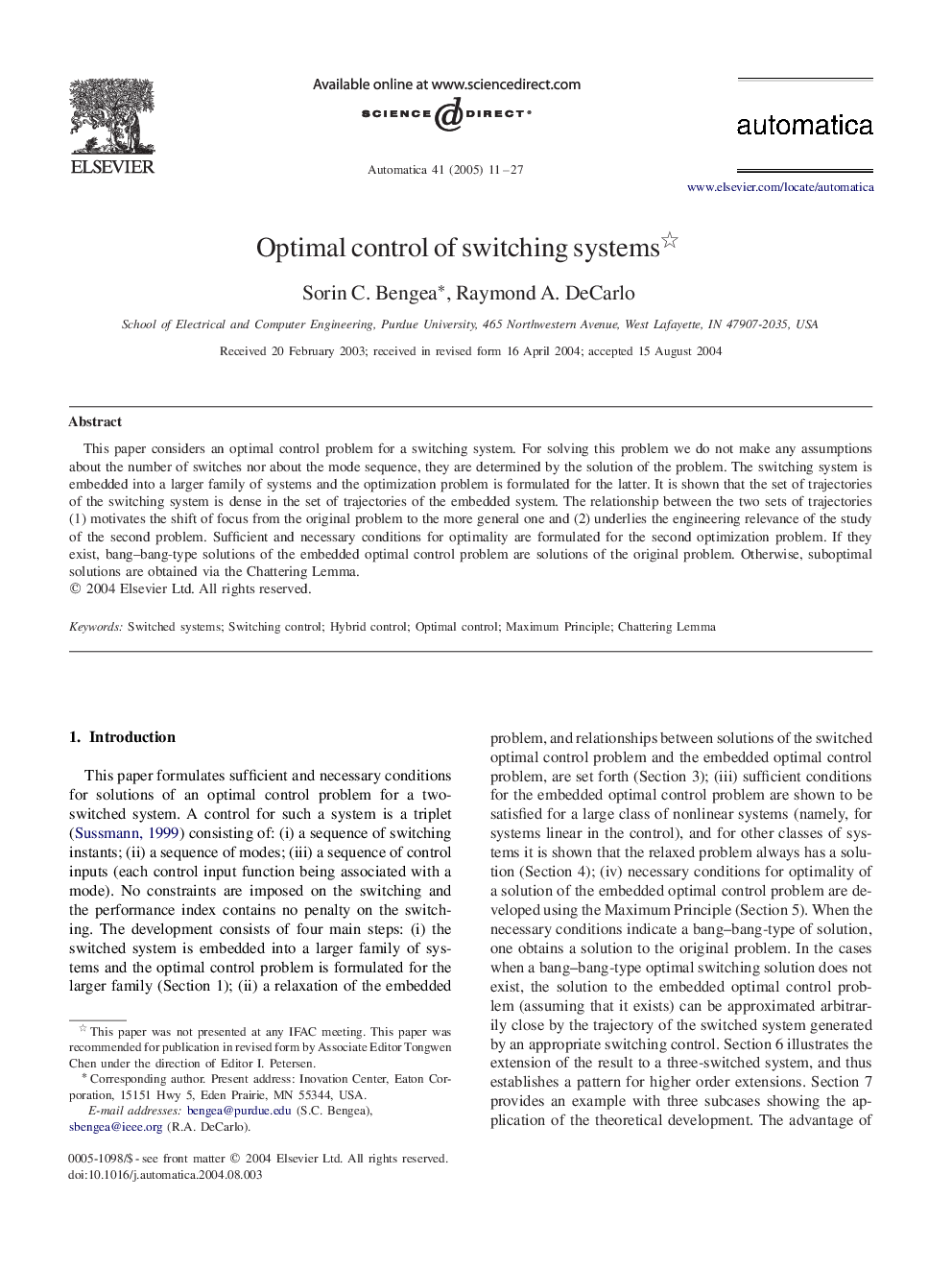 Optimal control of switching systems