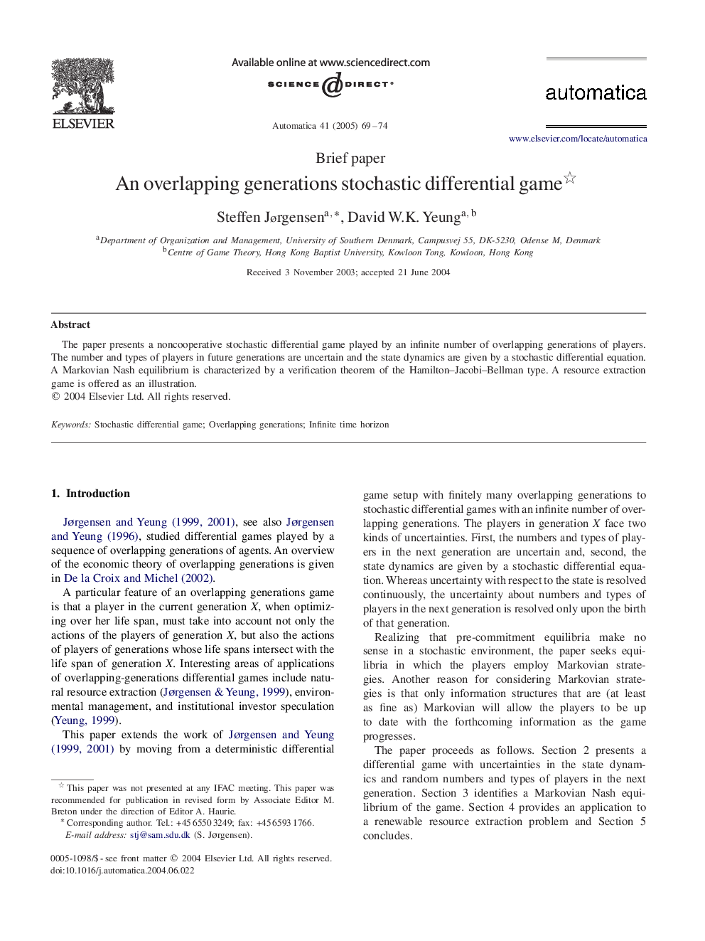 An overlapping generations stochastic differential game