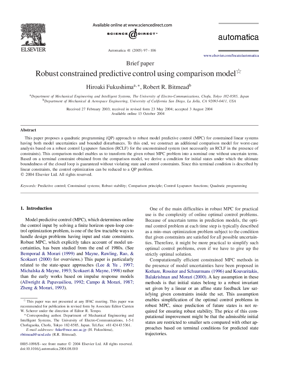 Robust constrained predictive control using comparison model