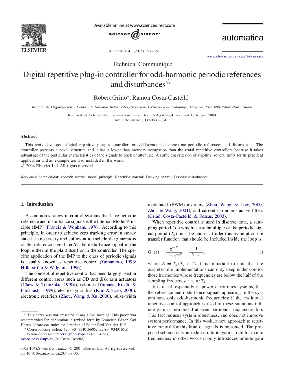 Digital repetitive plug-in controller for odd-harmonic periodic references and disturbances