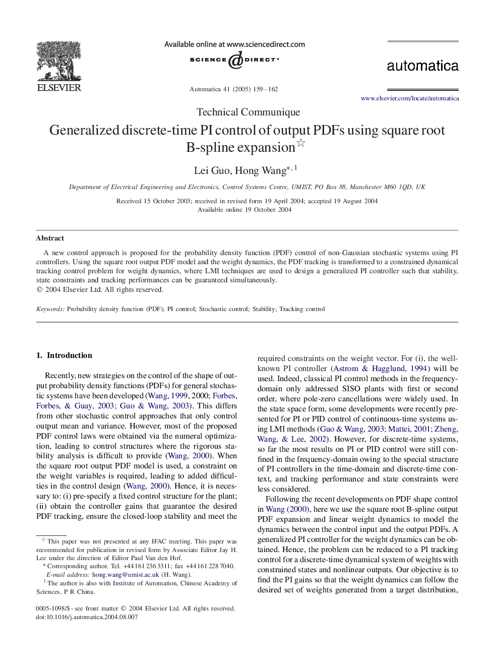 Generalized discrete-time PI control of output PDFs using square root B-spline expansion