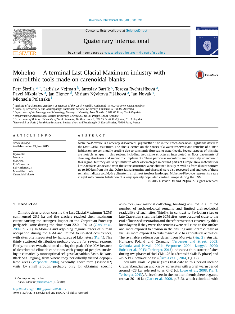 Mohelno – A terminal Last Glacial Maximum industry with microlithic tools made on carenoidal blanks