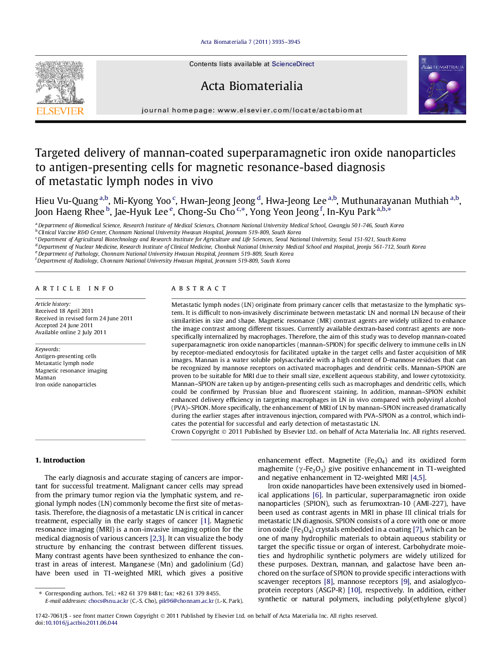 Targeted delivery of mannan-coated superparamagnetic iron oxide nanoparticles to antigen-presenting cells for magnetic resonance-based diagnosis of metastatic lymph nodes in vivo