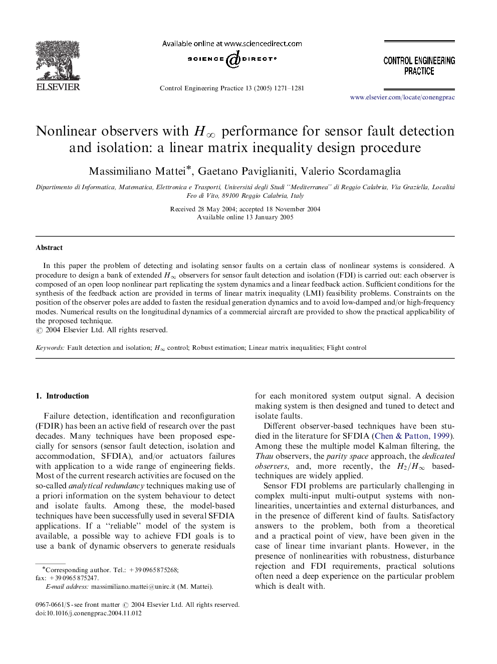 Nonlinear observers with Hâ performance for sensor fault detection and isolation: a linear matrix inequality design procedure