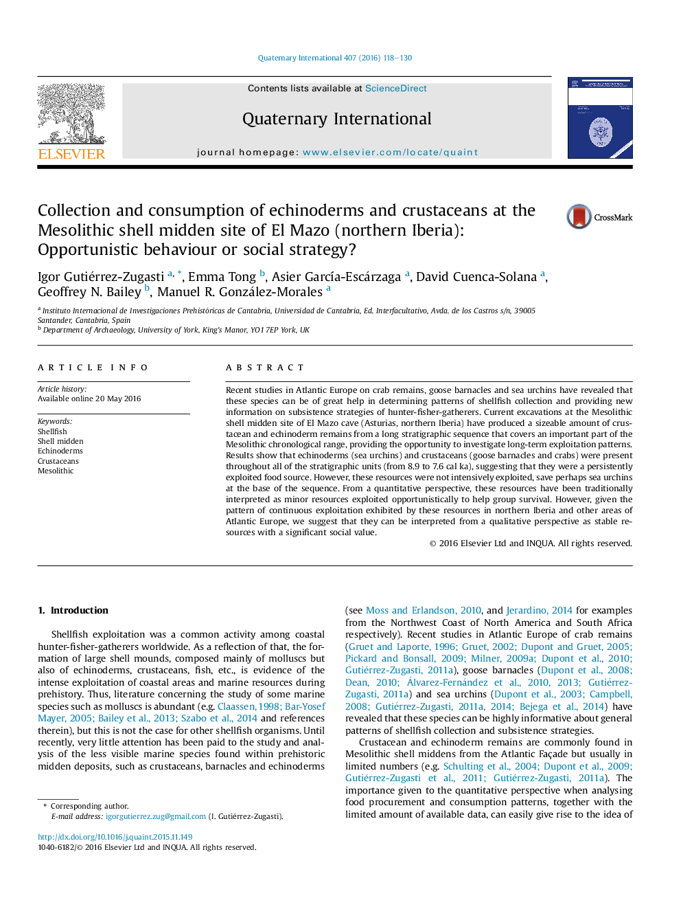 Collection and consumption of echinoderms and crustaceans at the Mesolithic shell midden site of El Mazo (northern Iberia): Opportunistic behaviour or social strategy?