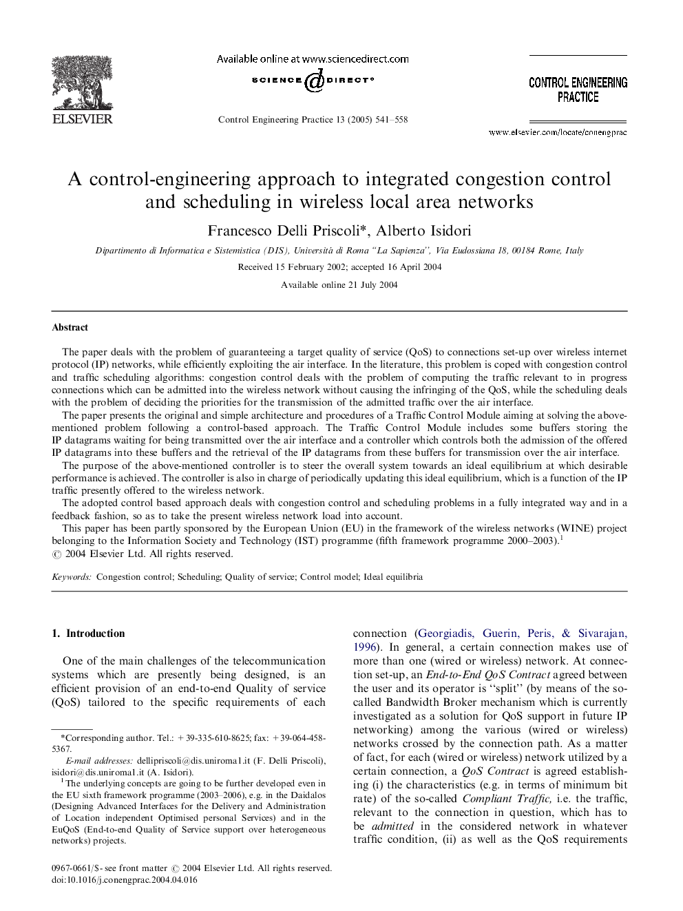 A control-engineering approach to integrated congestion control and scheduling in wireless local area networks