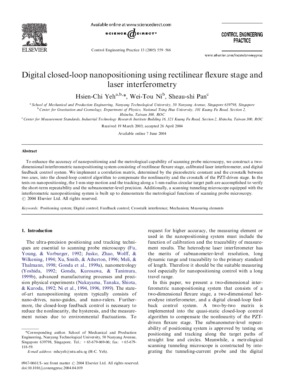 Digital closed-loop nanopositioning using rectilinear flexure stage and laser interferometry