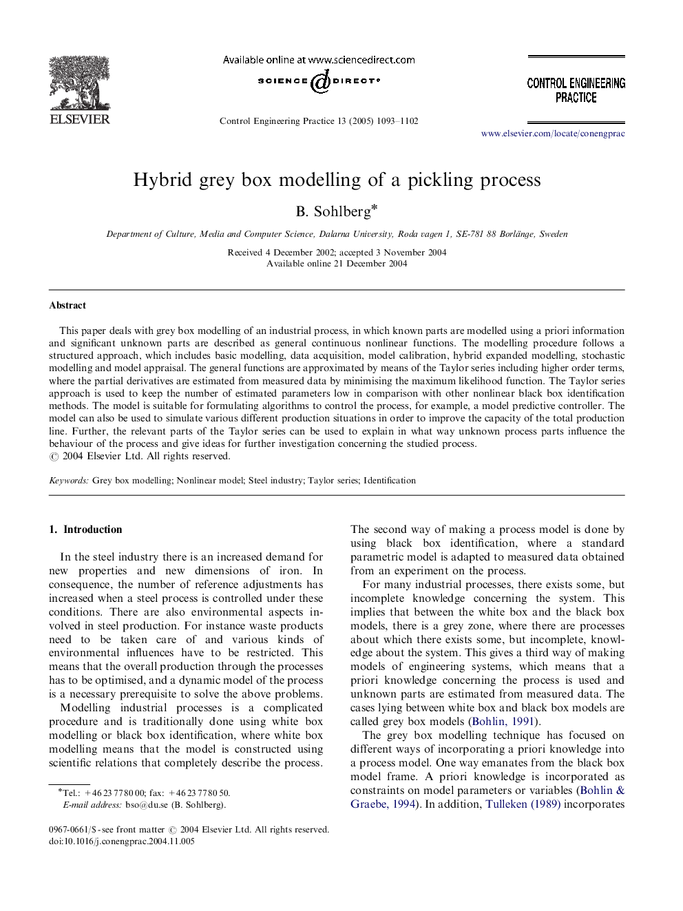 Hybrid grey box modelling of a pickling process