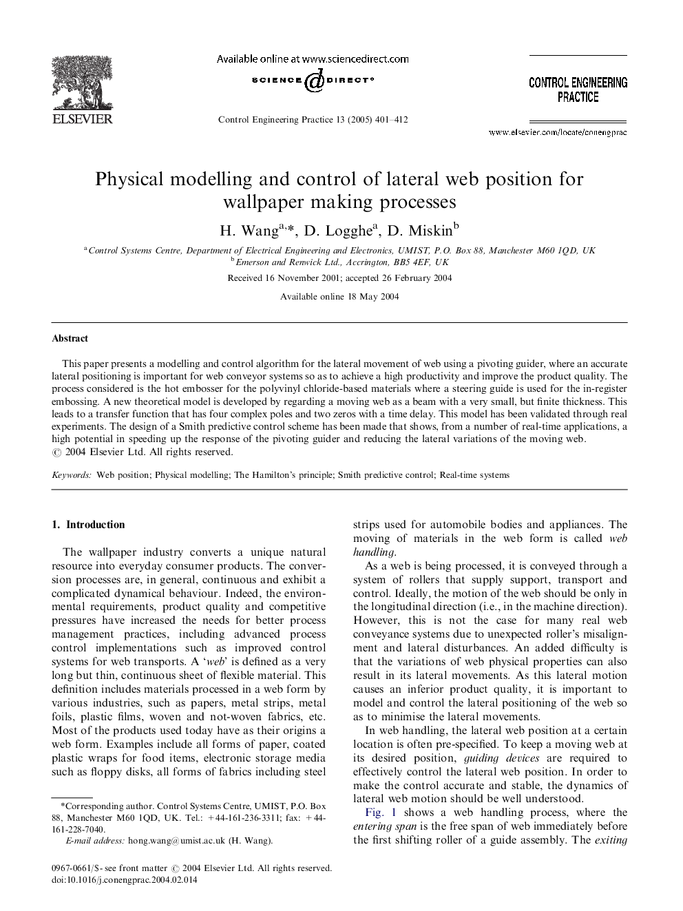 Physical modelling and control of lateral web position for wallpaper making processes