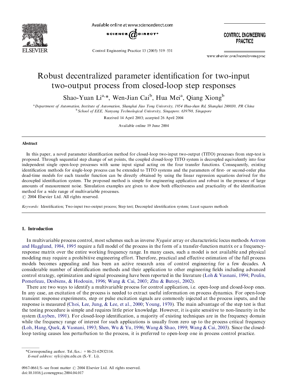 Robust decentralized parameter identification for two-input two-output process from closed-loop step responses