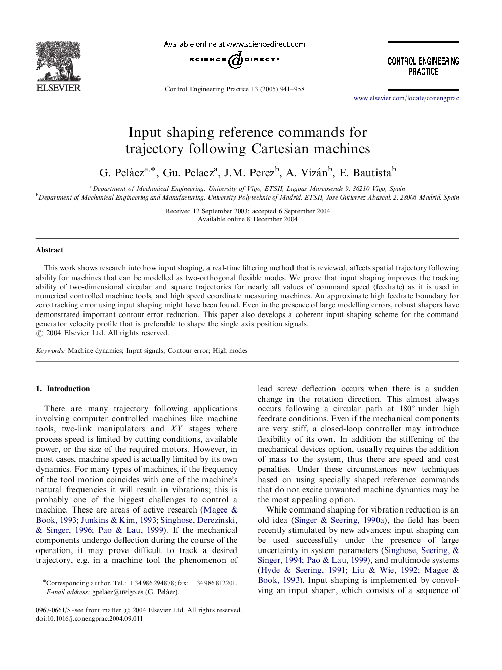 Input shaping reference commands for trajectory following Cartesian machines