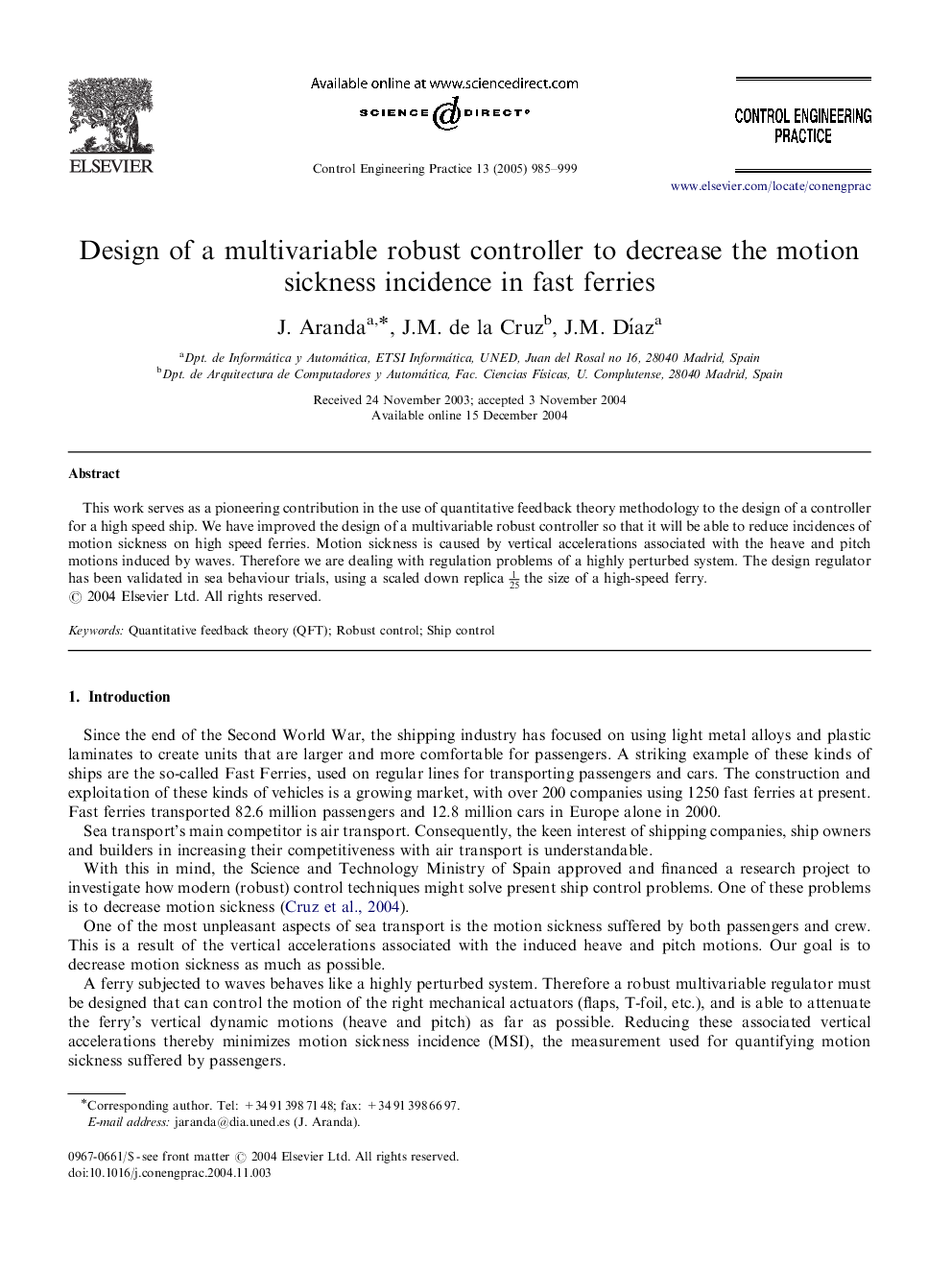 Design of a multivariable robust controller to decrease the motion sickness incidence in fast ferries