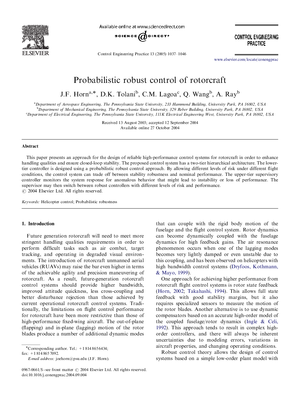 Probabilistic robust control of rotorcraft