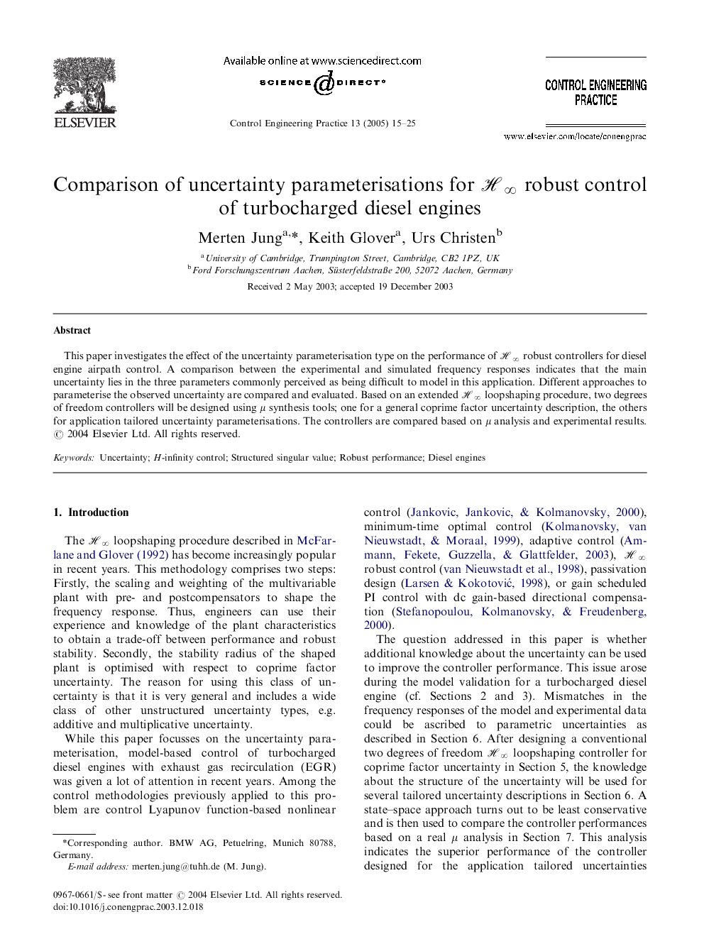 Comparison of uncertainty parameterisations for Hâ robust control of turbocharged diesel engines