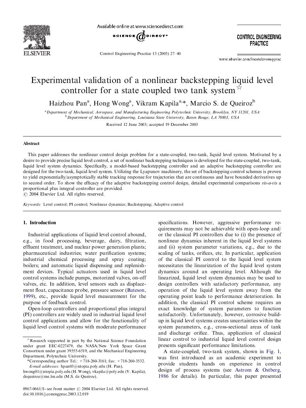 Experimental validation of a nonlinear backstepping liquid level controller for a state coupled two tank system