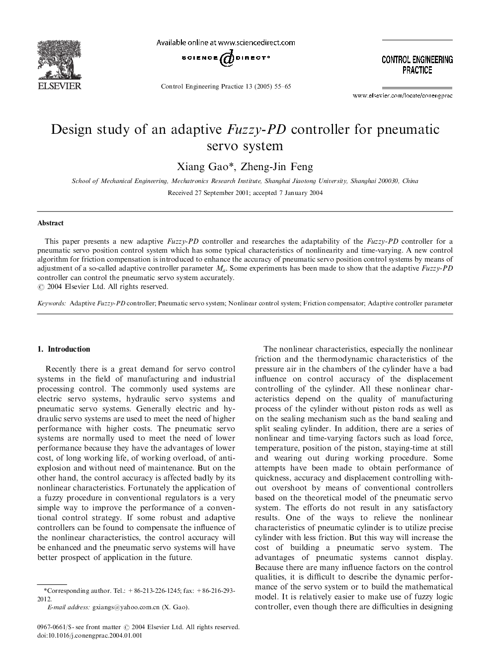 Design study of an adaptive Fuzzy-PD controller for pneumatic servo system