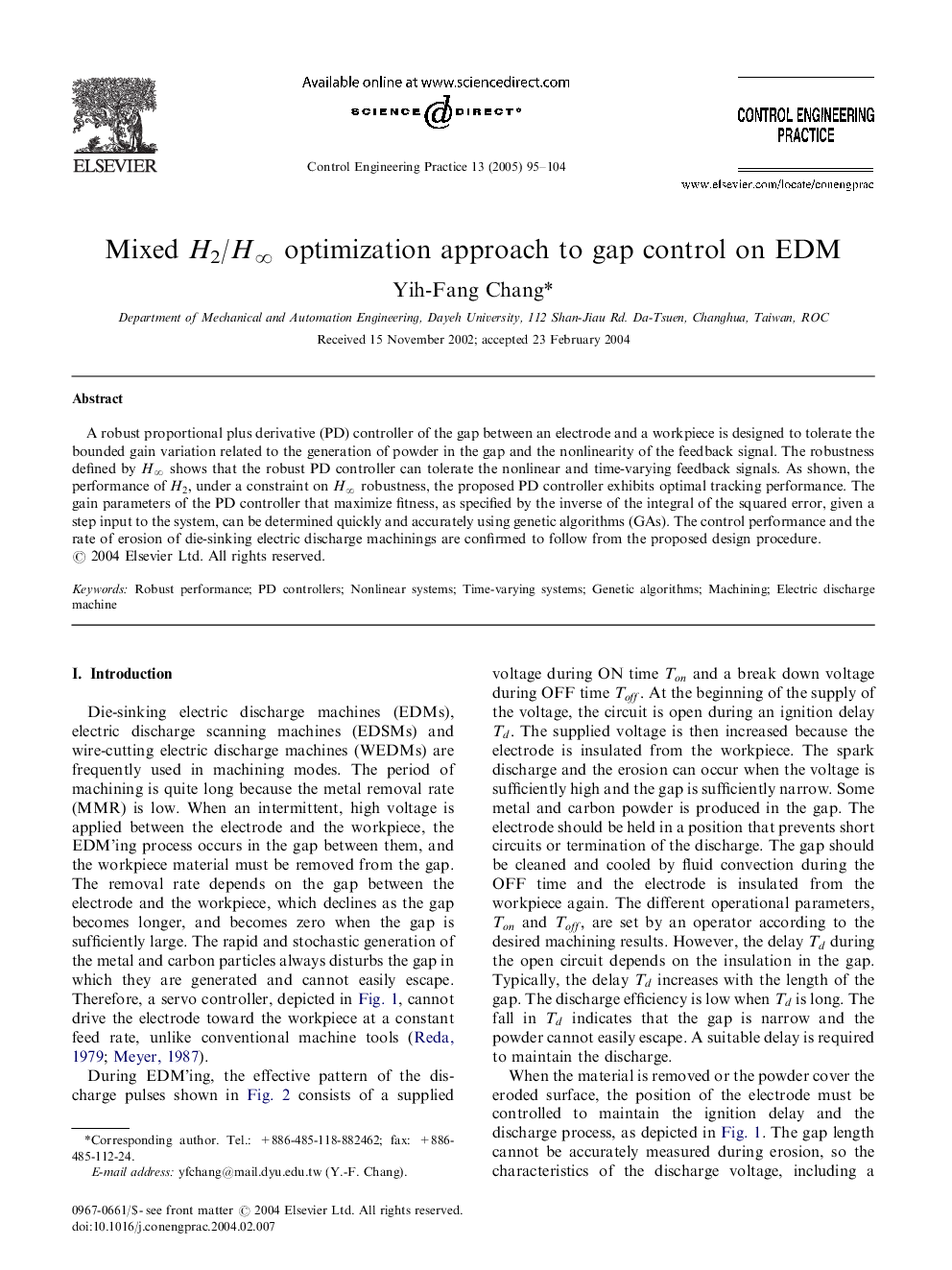 Mixed H2/Hâ optimization approach to gap control on EDM