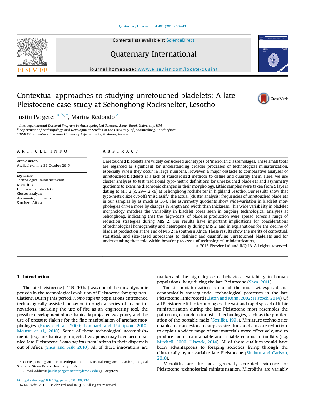 Contextual approaches to studying unretouched bladelets: A late Pleistocene case study at Sehonghong Rockshelter, Lesotho