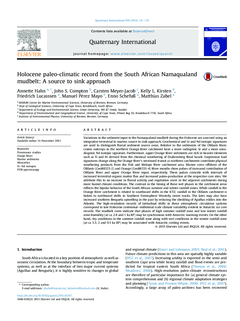 Holocene paleo-climatic record from the South African Namaqualand mudbelt: A source to sink approach