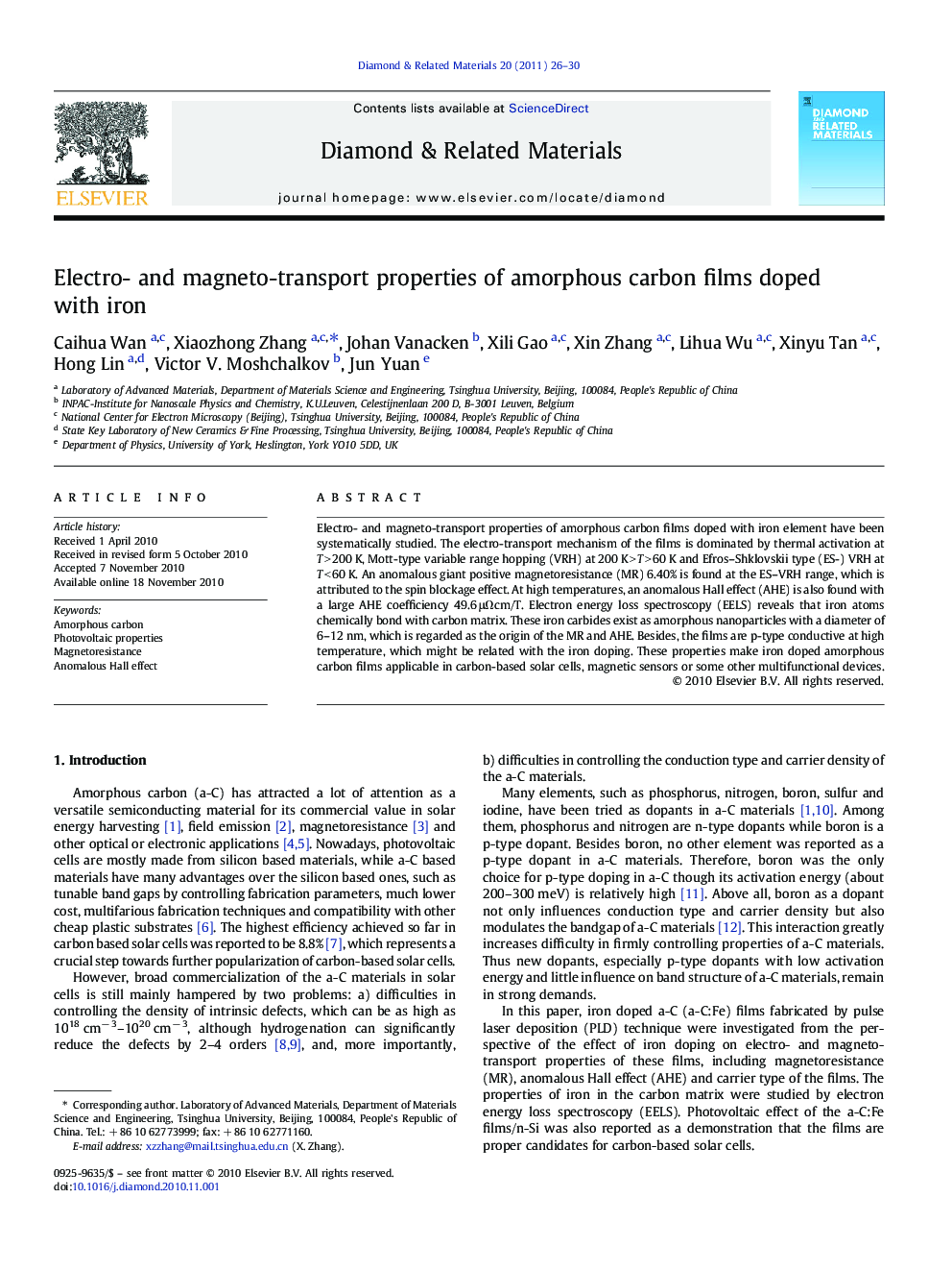 Electro- and magneto-transport properties of amorphous carbon films doped with iron