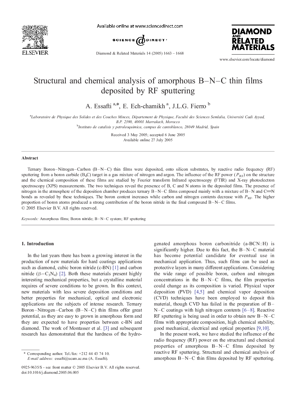 Structural and chemical analysis of amorphous B-N-C thin films deposited by RF sputtering