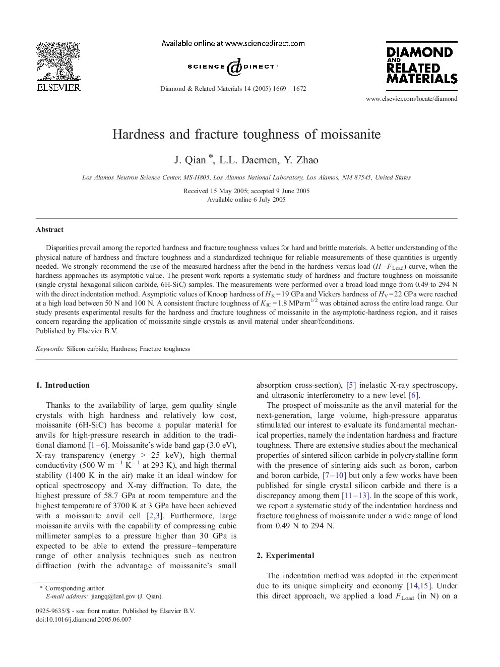 Hardness and fracture toughness of moissanite