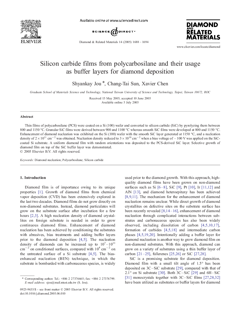 Silicon carbide films from polycarbosilane and their usage as buffer layers for diamond deposition