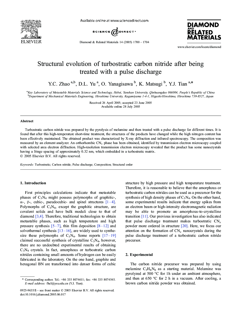 Structural evolution of turbostratic carbon nitride after being treated with a pulse discharge