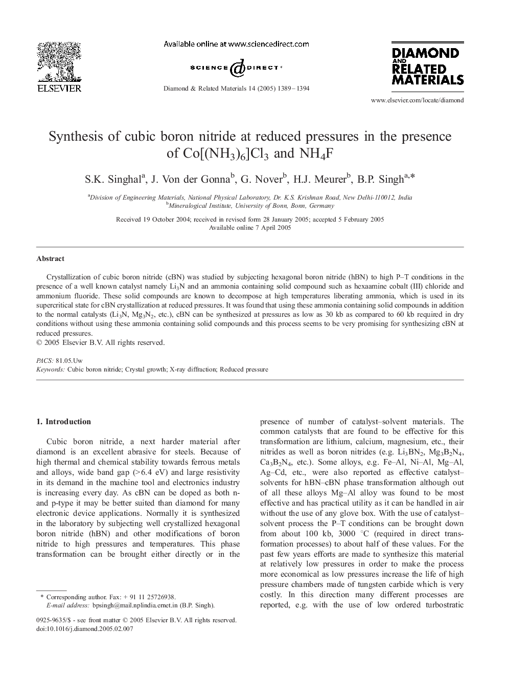 Synthesis of cubic boron nitride at reduced pressures in the presence of Co[(NH3)6]Cl3 and NH4F