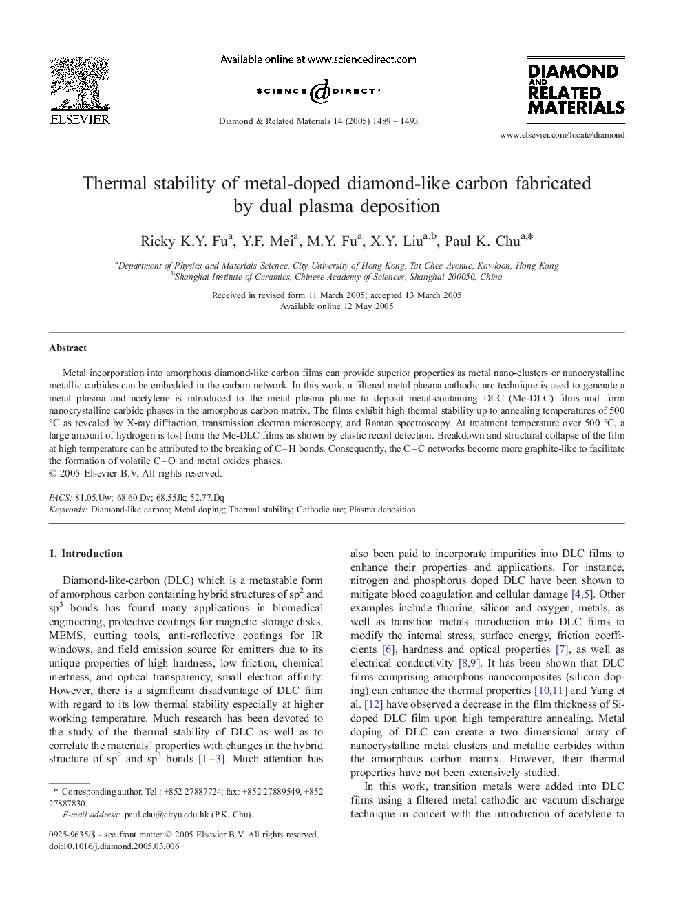 Thermal stability of metal-doped diamond-like carbon fabricated by dual plasma deposition