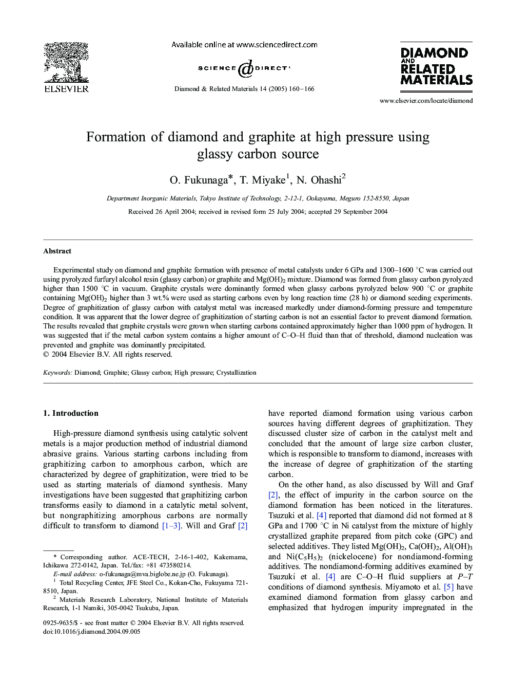 Formation of diamond and graphite at high pressure using glassy carbon source