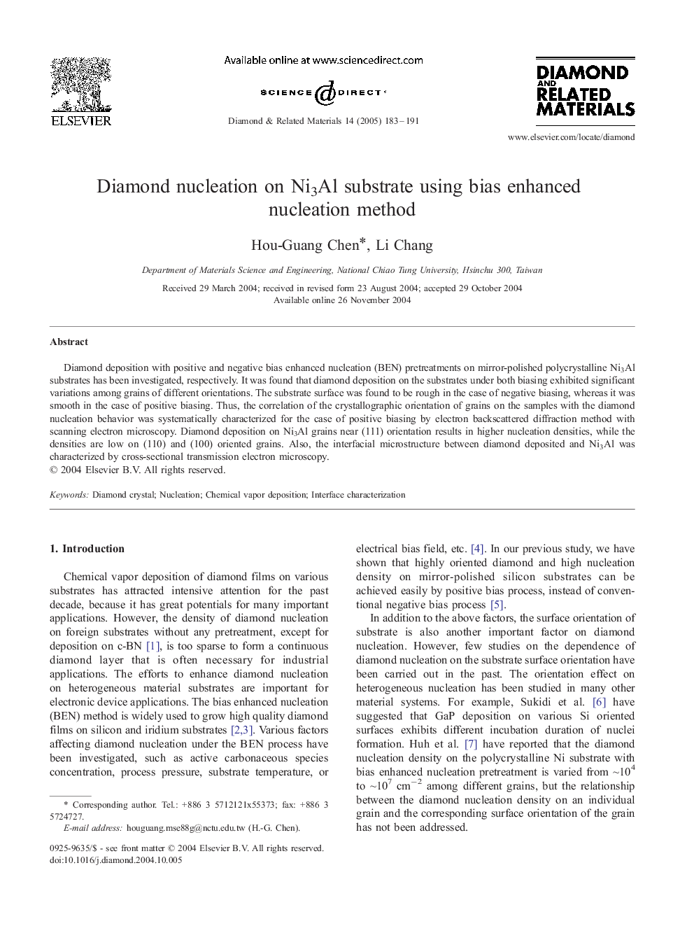 Diamond nucleation on Ni3Al substrate using bias enhanced nucleation method