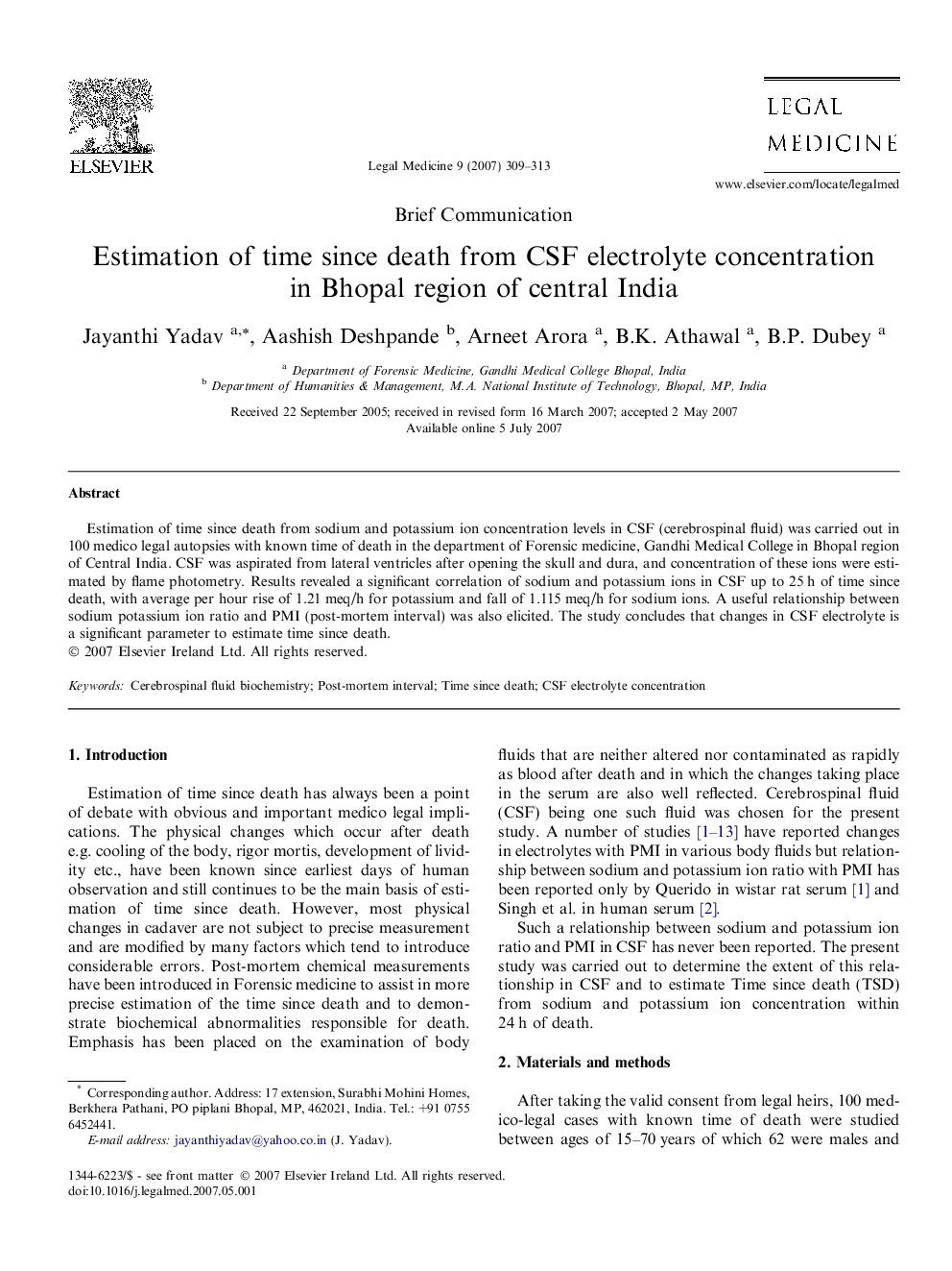 Estimation of time since death from CSF electrolyte concentration in Bhopal region of central India