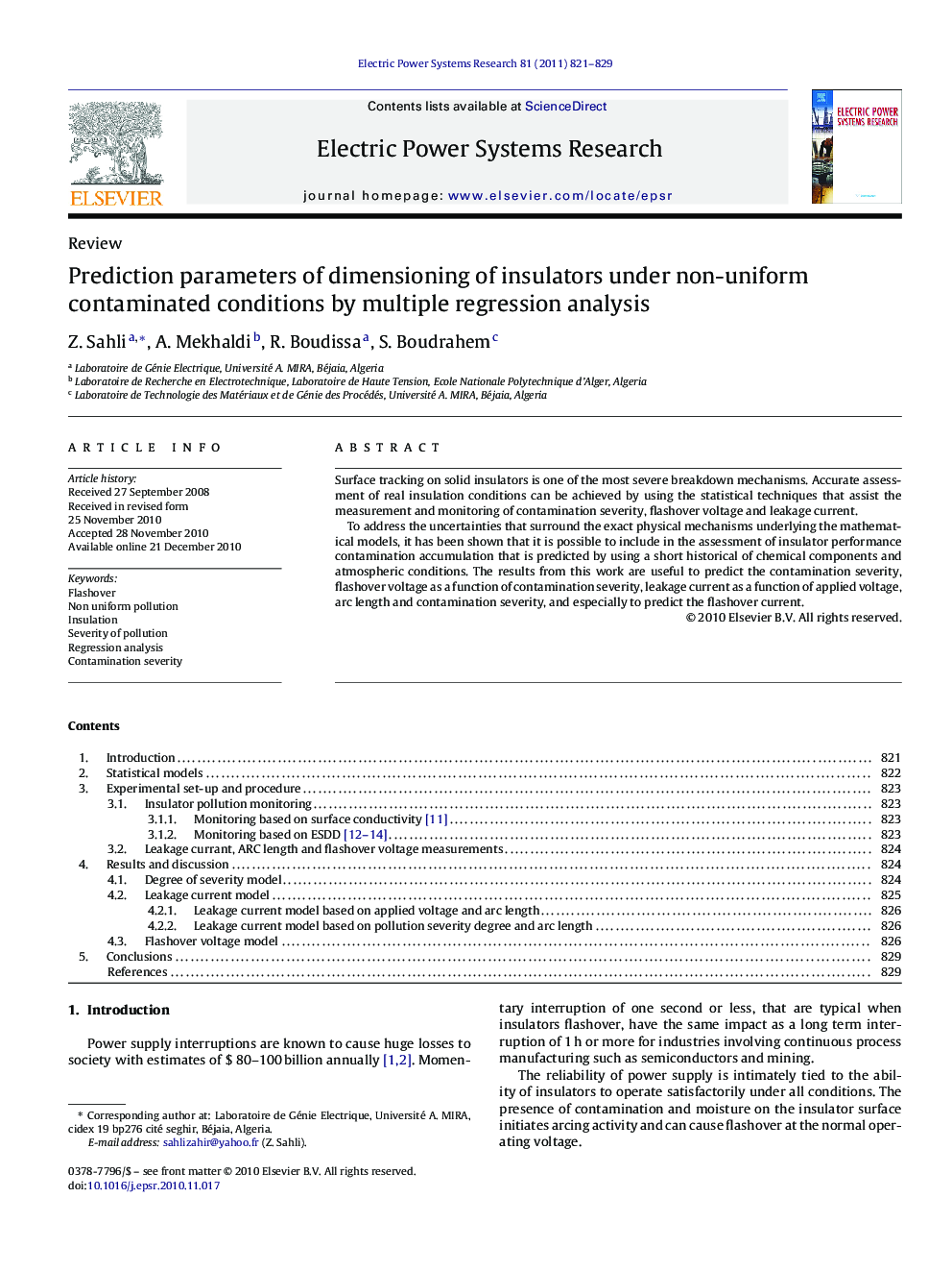 Prediction parameters of dimensioning of insulators under non-uniform contaminated conditions by multiple regression analysis