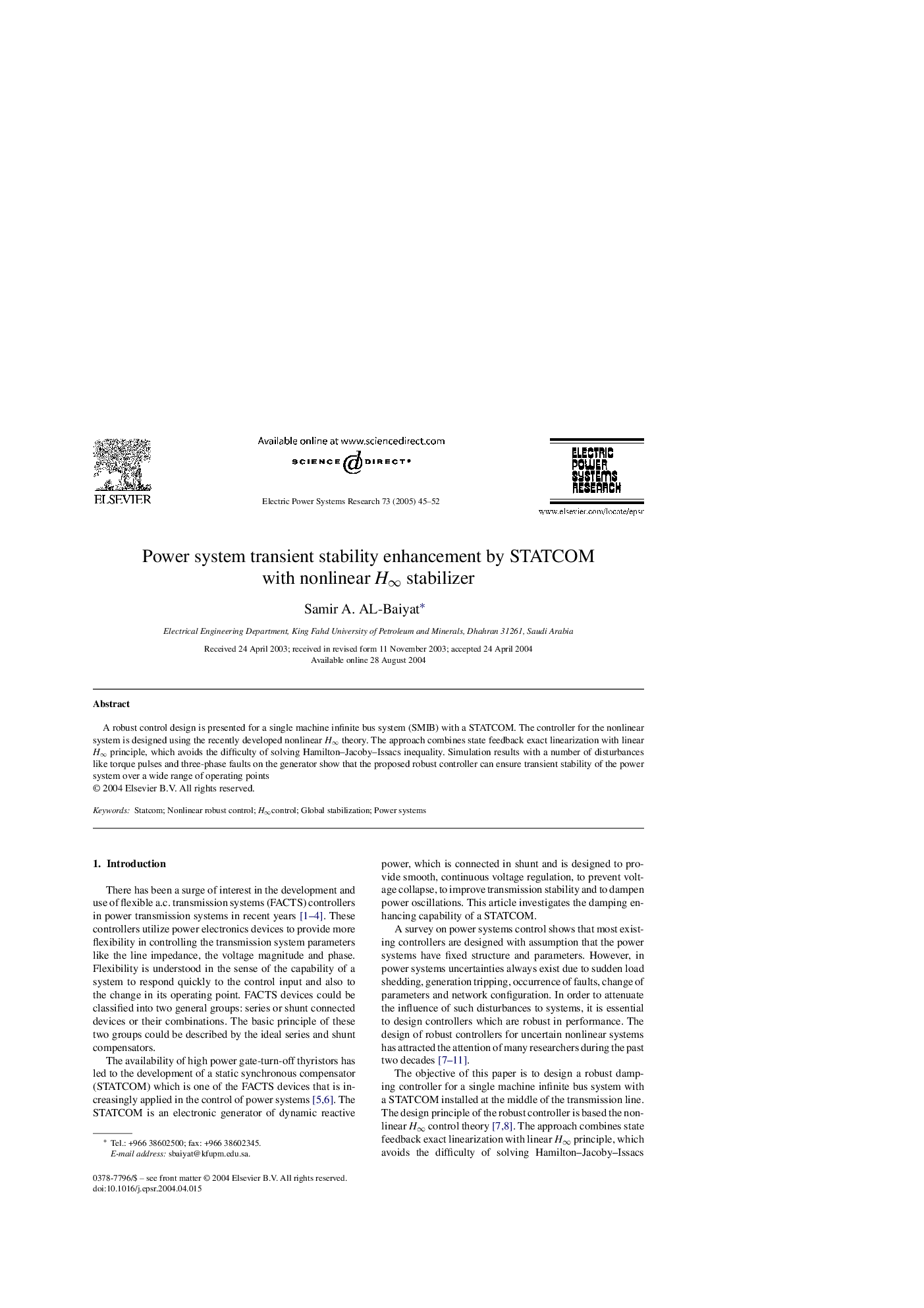 Power system transient stability enhancement by STATCOM with nonlinear Hâ stabilizer