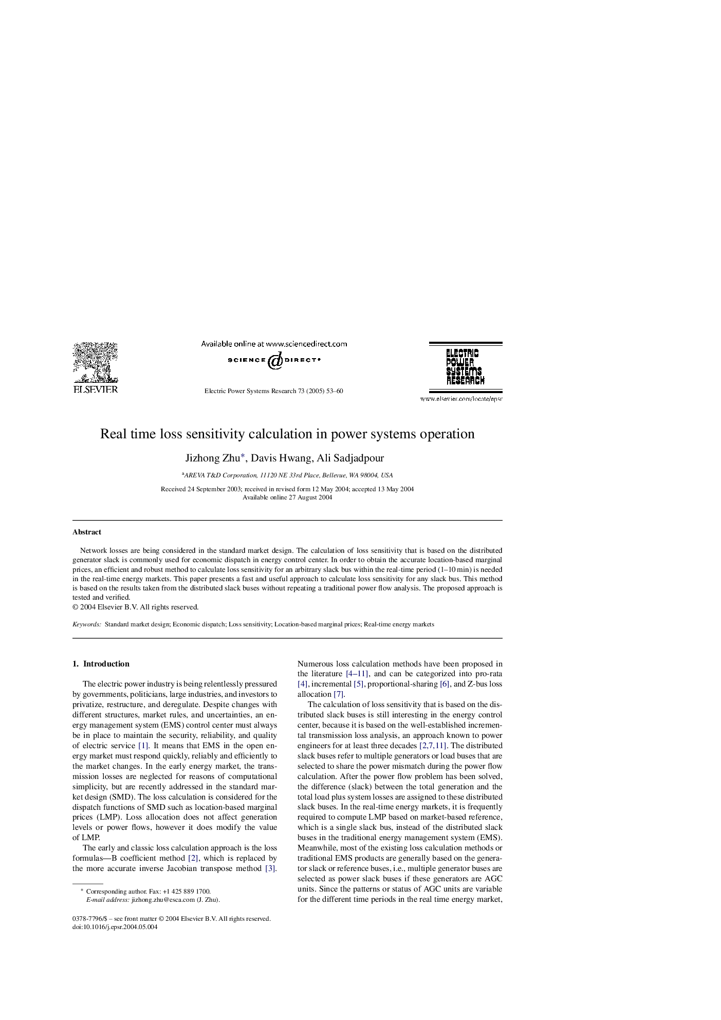 Real time loss sensitivity calculation in power systems operation