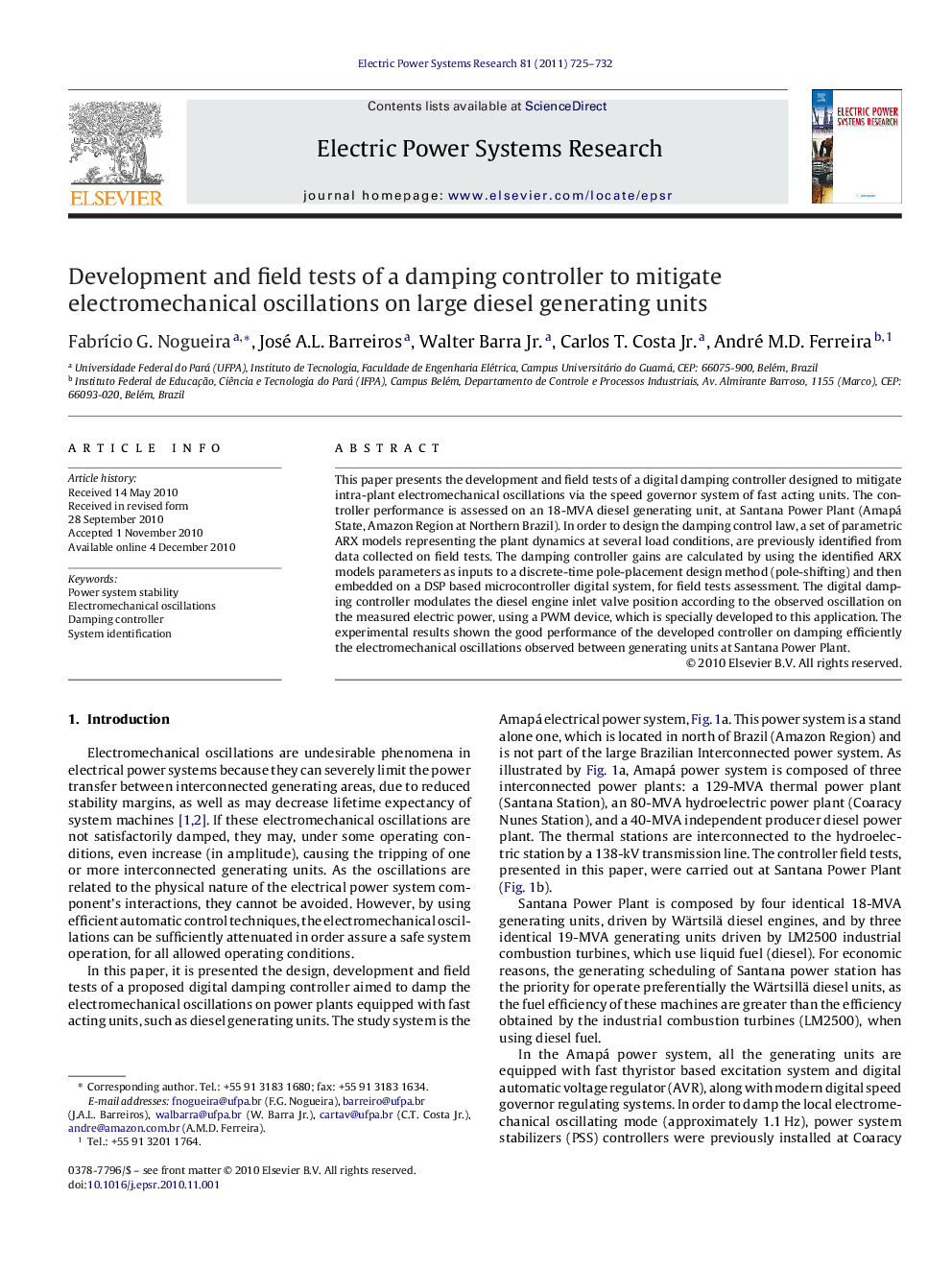 Development and field tests of a damping controller to mitigate electromechanical oscillations on large diesel generating units