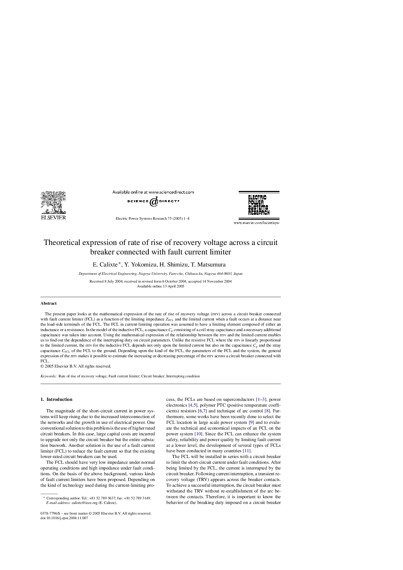 Theoretical expression of rate of rise of recovery voltage across a circuit breaker connected with fault current limiter