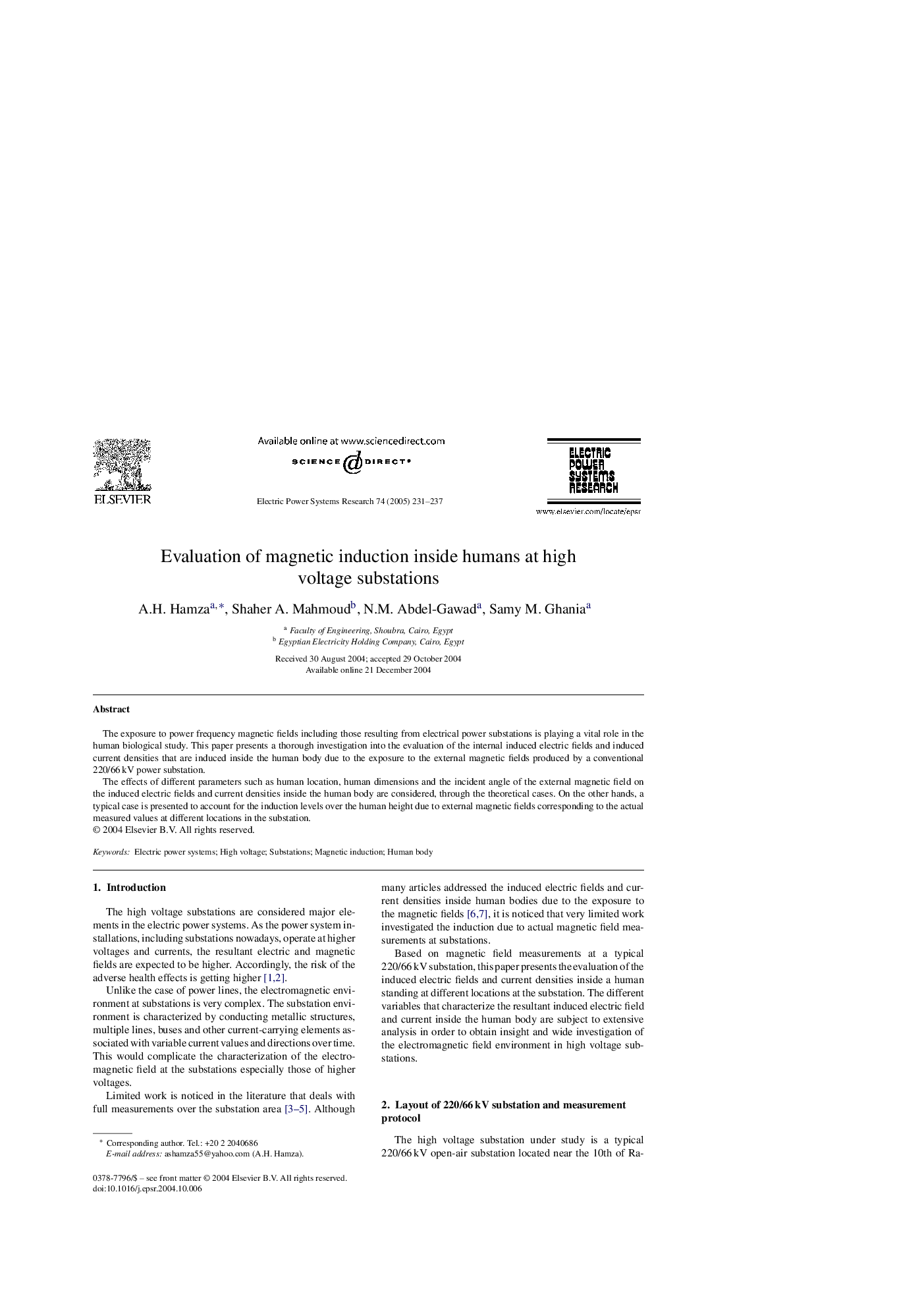 Evaluation of magnetic induction inside humans at high voltage substations