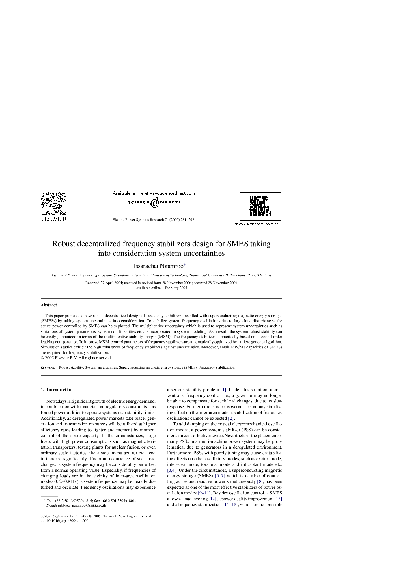 Robust decentralized frequency stabilizers design for SMES taking into consideration system uncertainties