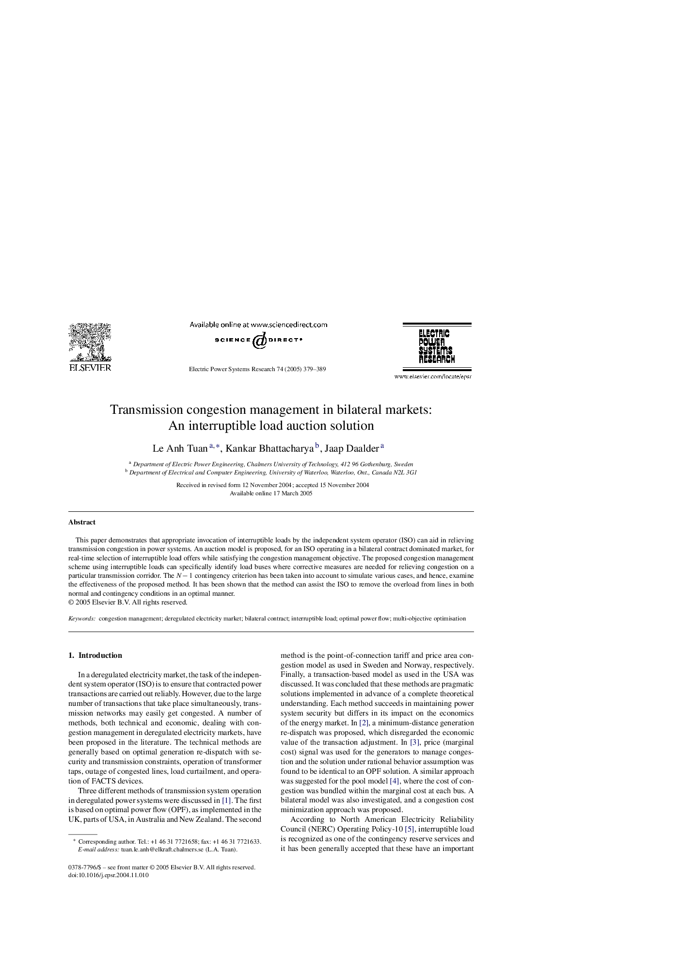 Transmission congestion management in bilateral markets: An interruptible load auction solution