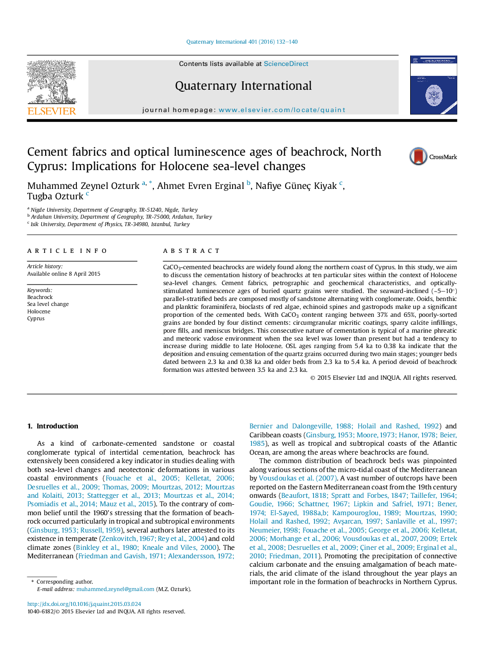 Cement fabrics and optical luminescence ages of beachrock, North Cyprus: Implications for Holocene sea-level changes