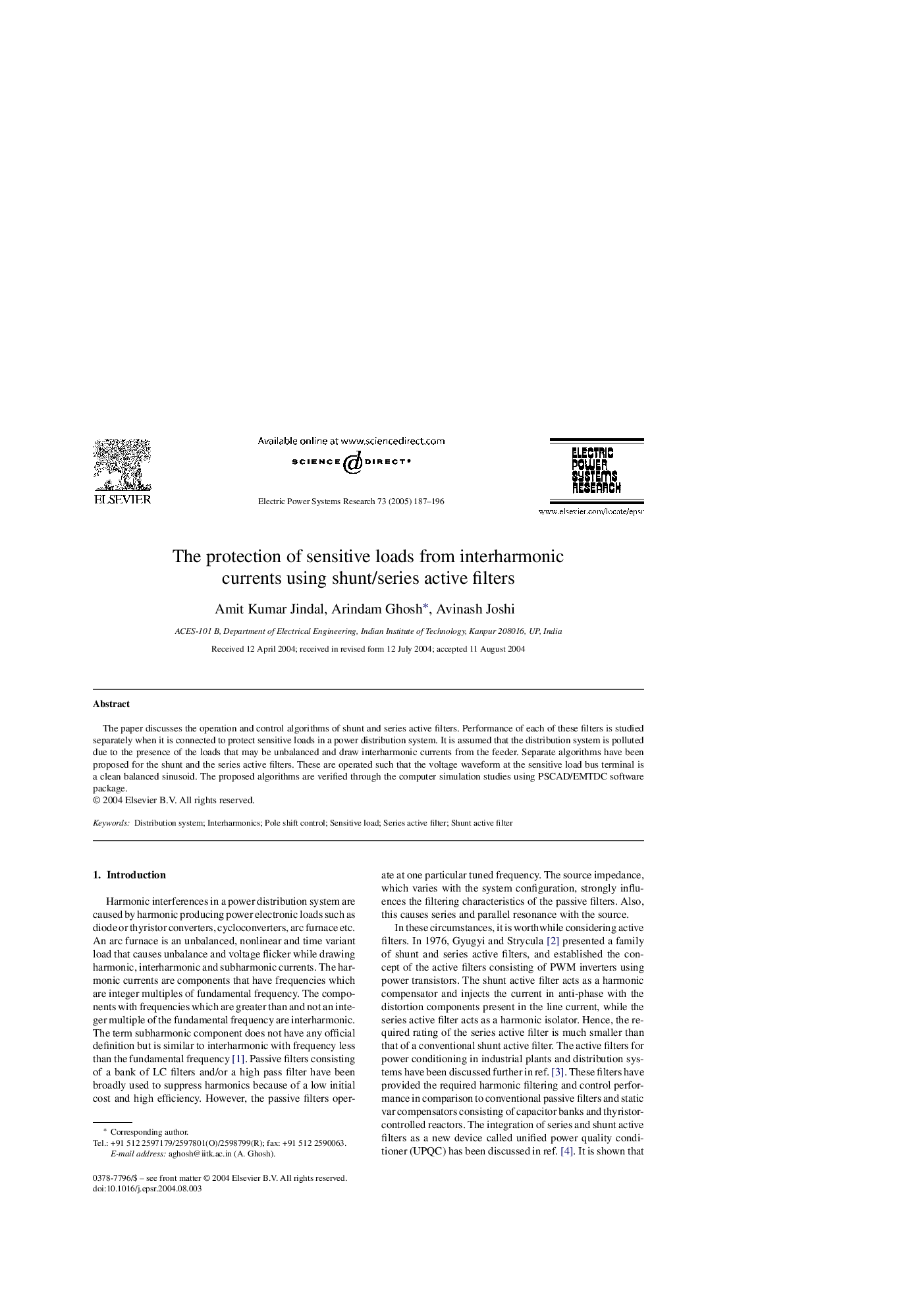 The protection of sensitive loads from interharmonic currents using shunt/series active filters