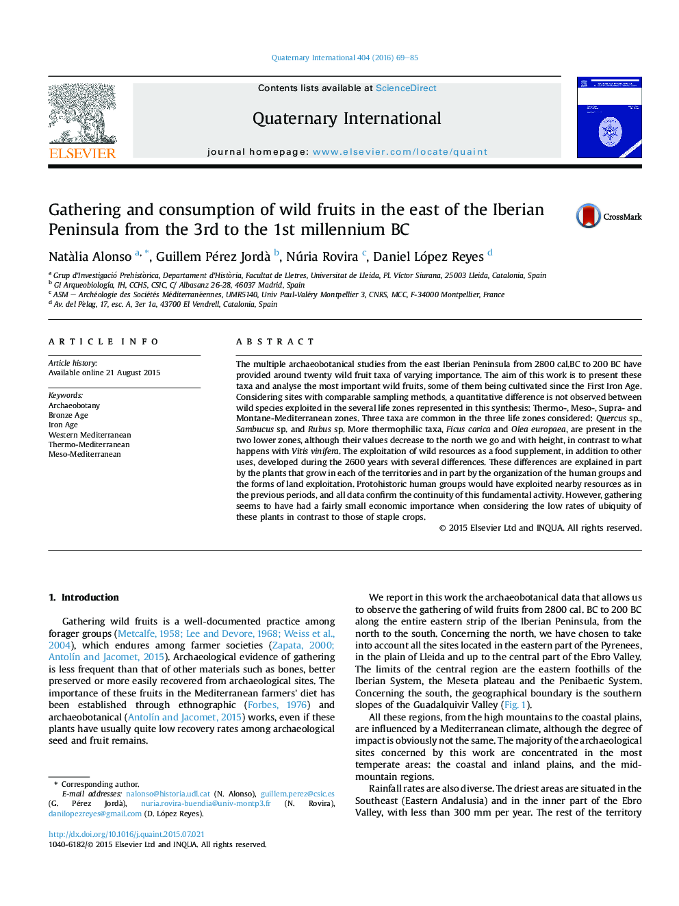 Gathering and consumption of wild fruits in the east of the Iberian Peninsula from the 3rd to the 1st millennium BC